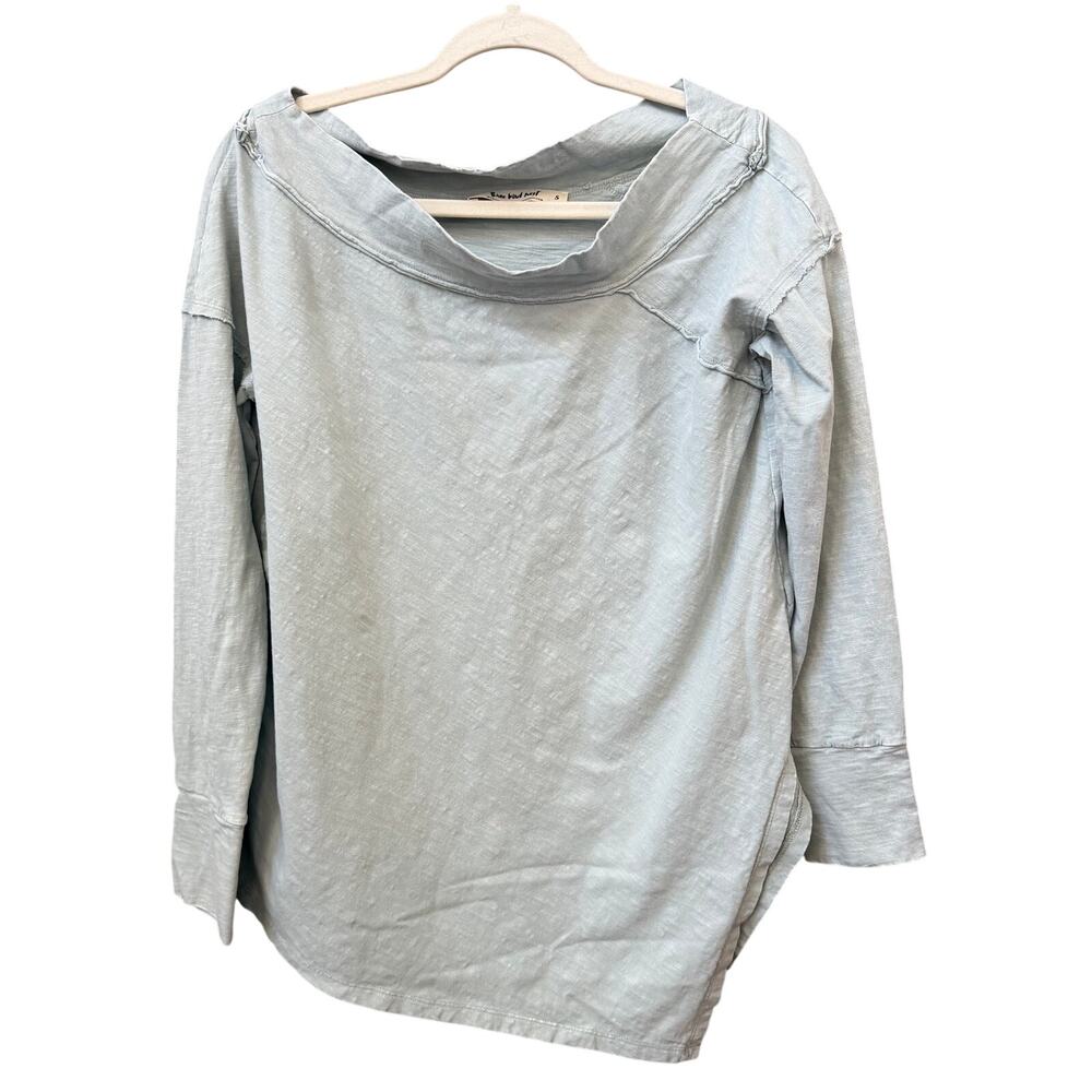 Three Bird Next Blue Boat Neck Top Size Small Asymmetrical Hem Minimalist Casual